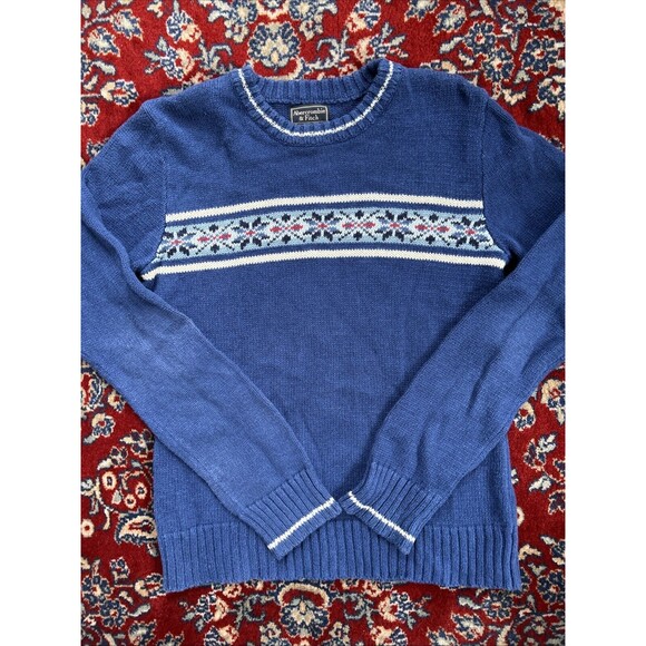 VINTAGE Abercrombie & Fitch Sweater Small Blue Fair Isle Nordic Pullover Knit - Picture 1 of 4